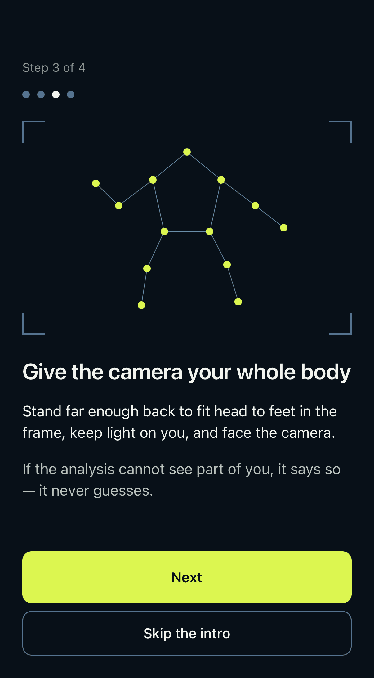 The framing screen: corner brackets showing where to stand, whole body in frame.