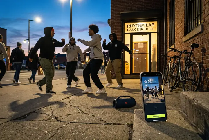 A street group at dusk gathered around a propped phone running the app. AI-generated scene · real app screen